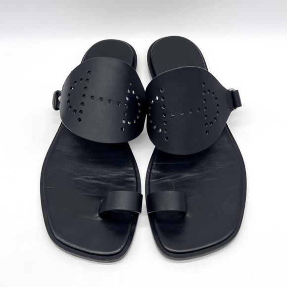 HERMES Hera Sandal Womens 39 8.5 Black Leather Cut Out H Toe Loop Flat Slide - Picture 4 of 16